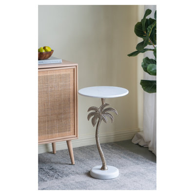 Table d'appoint ronde avec plateau en marbre blanc et base palmier doré, 14 po x 14 po x 24 po