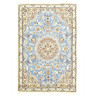 Tapis bleu clair / beige en laine / soie / coton 2 pi 11 po x 4 pi 6 po Rakki