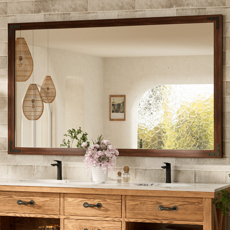 Gwenneth Rectangle Wood Mirror for Bathroom, Solid Pine Wood, 60" x 36", Brown
