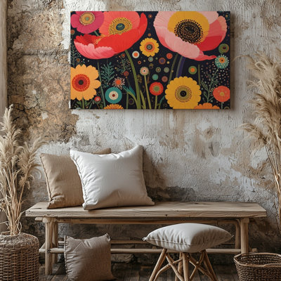 Retro Bloom Vibrant Poppy Floral With Dark Background What If Canvas Wall Art Ready To Hang Gallery Wrapped Home Decor Premium Quality