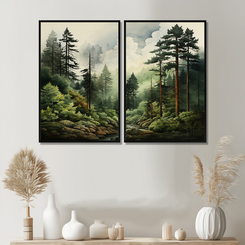 Forêt de pins - décoration murale traditionnelle verte, Noir, H 36 po x l 48 po, Reproduction encadrée sans passe-partout