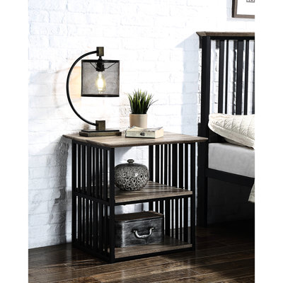 Chêne antique et table de chevet de style industriel noir, 2 compartiments ouverts, placage de papier, structure en métal, profondeur de 21,4 po, largeur, hauteur de 22,33 po, table de chevet de soutien avec finition 100 lb, sections, placage et