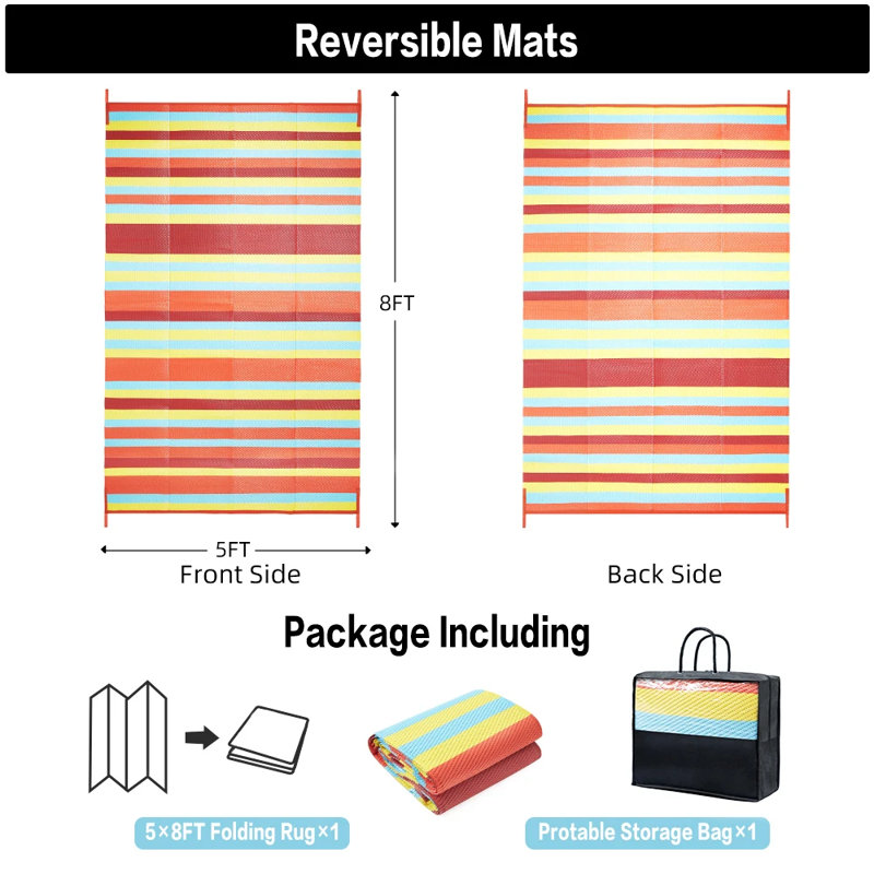Tapis d'extérieur à rayures réversible imperméable Ellie, Orange, Rectangle de 5 pi x 8 pi