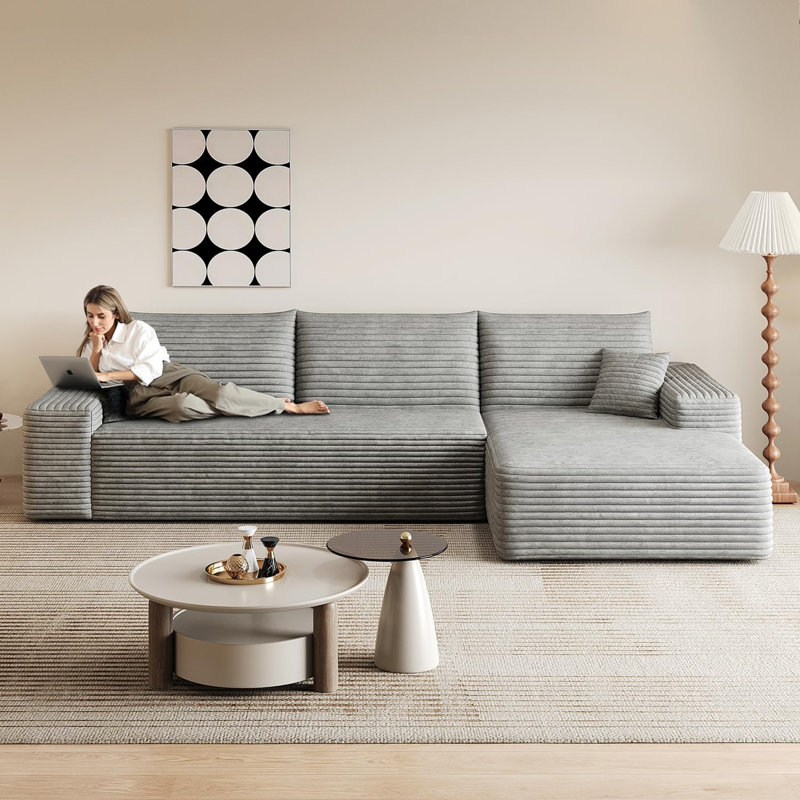 Canapé modulaire en forme de L 107,5 po en velours côtelé sans os avec méridienne profonde et rembourré pour salon, tissu en velours côtelé moelleux