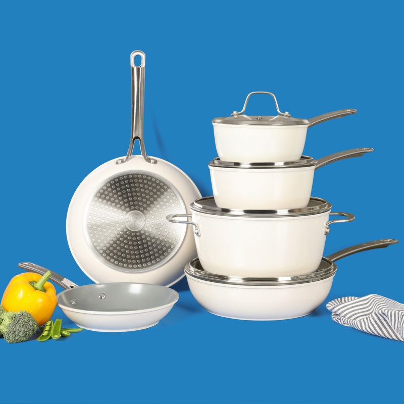 10-Piece Linen White Nonstick Aluminum Cookware Set with Glass Lids
