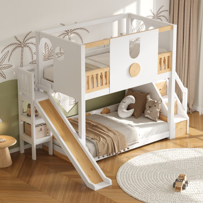 Lit superposé avec glissade, lit superposé en bois pour enfants avec escalier et tiroirs de rangement, lit mezzanine avec cabane de jeu pour chambre de fille ou de garçon
