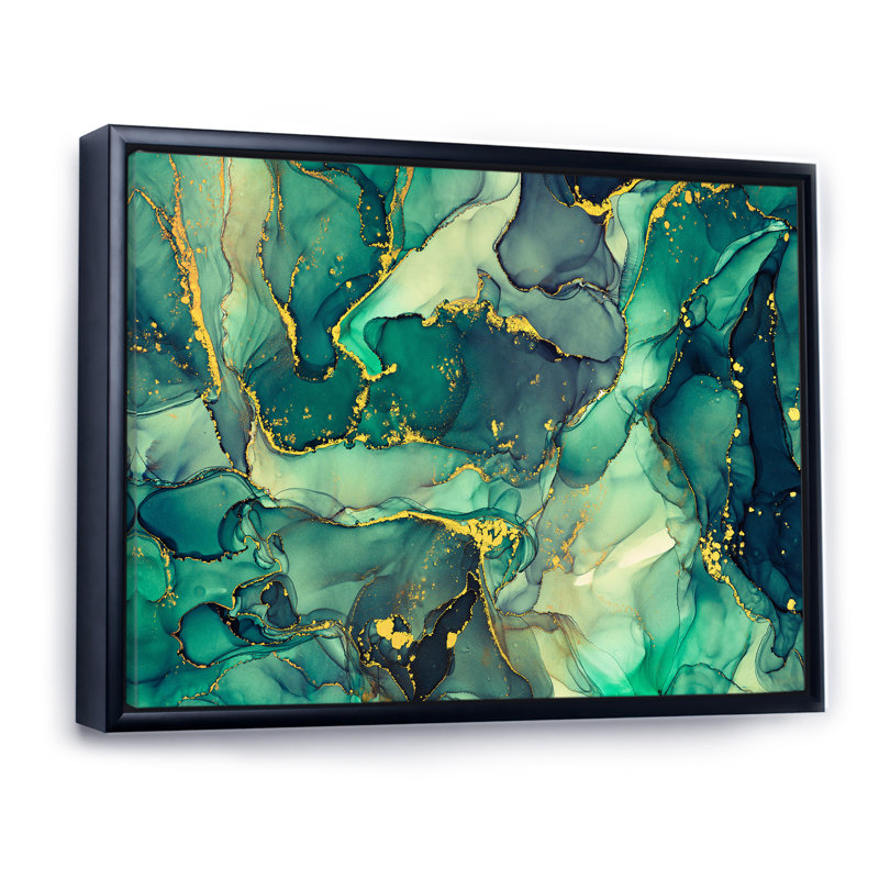 «Green Luxury Abstract Fluid Art IV», reproduction d'art sur toile moderne, H 34 po x l 44 po, Cadre flottant noir