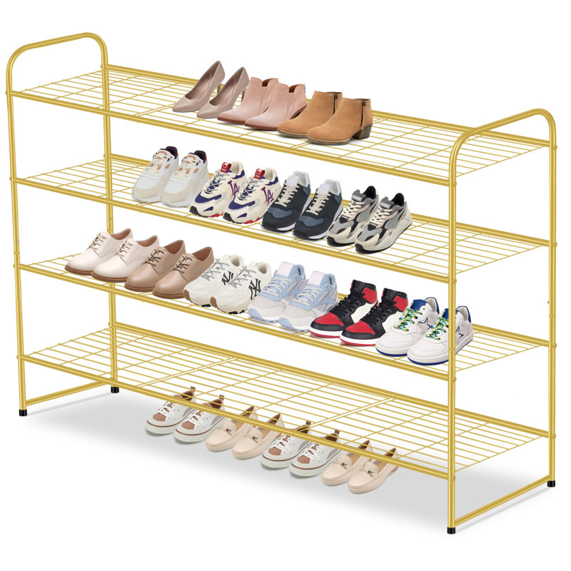 Long 4 Tier Shoe Rack For Closet Metal Wide Shoe Organizer For Entryway, Bedroom, Floor, Holds 30 Pairs Men Sneakers Stackable Shoe Storage Shelf With Wire Grid