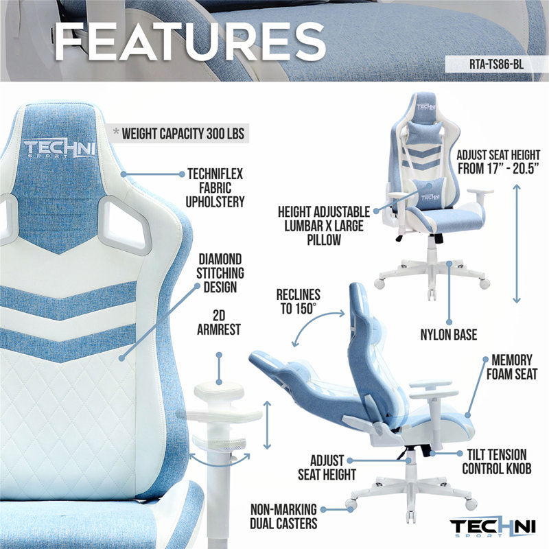 Techni Sport Adjustable Reclining Ergonomic Swiveling PC & Racing Game Chair, Blue