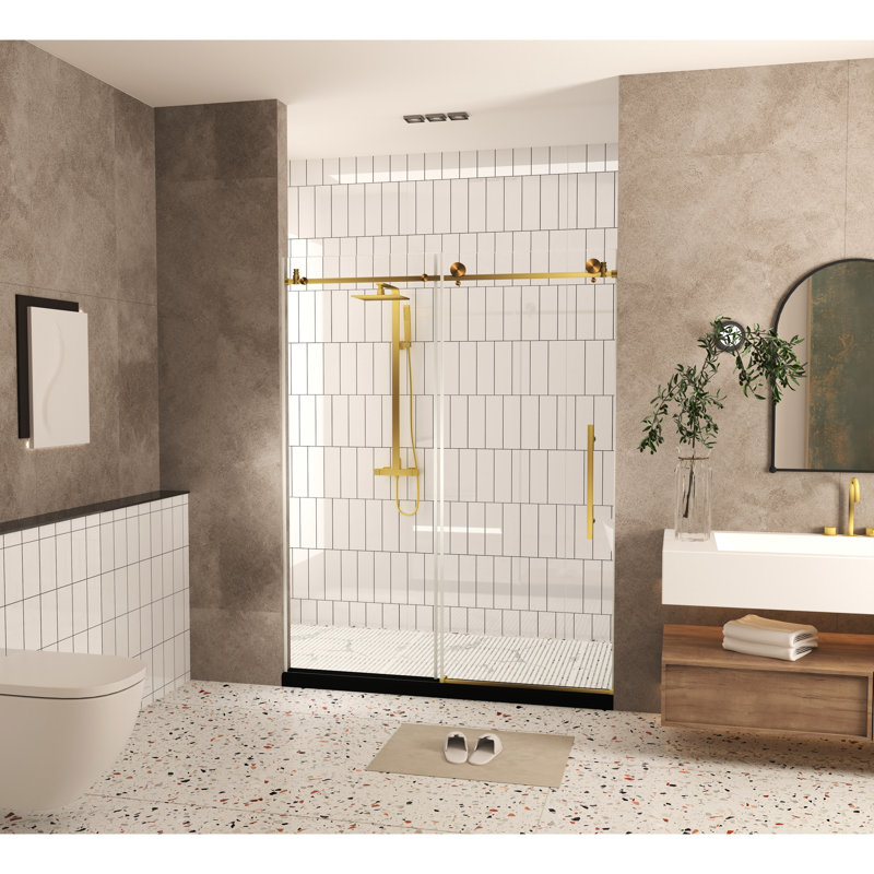 Shower Door 56 - 60"w X 76"h, 1/4"(6 Mm) Clear Tempered Glass, Brushed Gold Finish, American Design For Bathroom, Stainless Steel Handle, Proof Film, Large Wheels And Round Tracks, Water Glass In