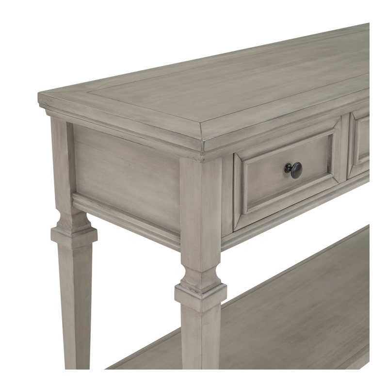 Console de style rétro classique avec trois tiroirs supérieurs et une tablette inférieure de style ouvert, facile à assembler (gris délavé)