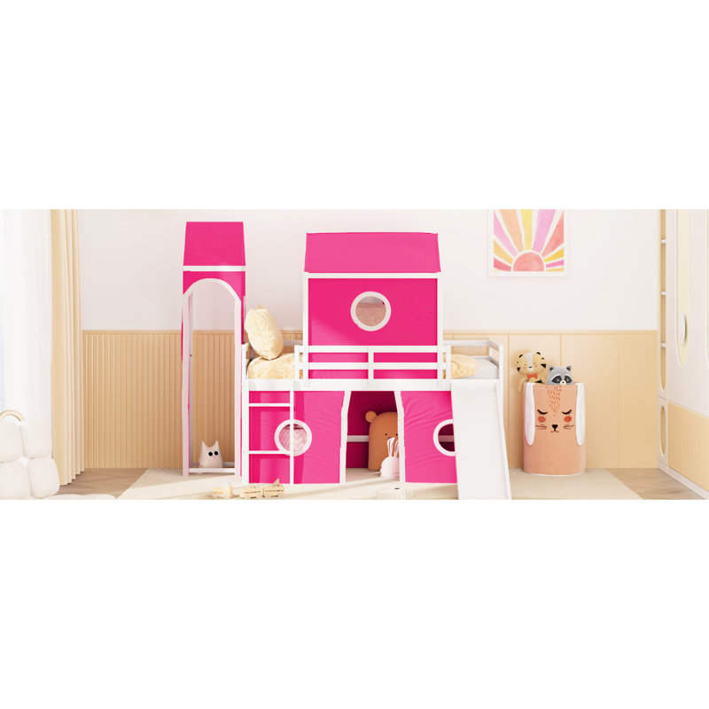 Lit simple mezzanine rose avec toboggan, tente et tour - Bois massif, conception de maisonnette, tour de couloir sous circulation d'air, tente à l'intérieur, construction, conception de fenêtre pour le plaisir