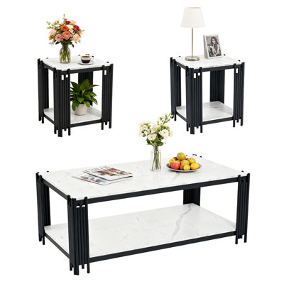 3 Piece Coffee Table Set of 3, White Faux Marble Coffee Table and 2 End Tables Set for Living Room, Modern Living Room Table Set with 2-Tier Storage Shelf and Metal Frame for Small Space, Apartment
