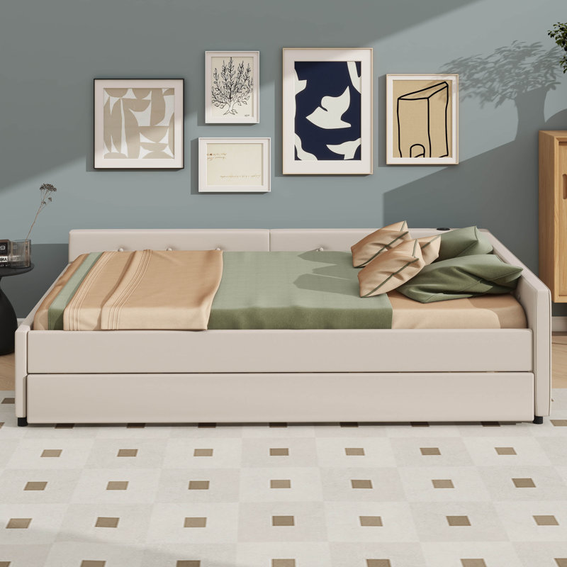 Upholstered Daybed With Built In USB Ports And Trundle, Queen