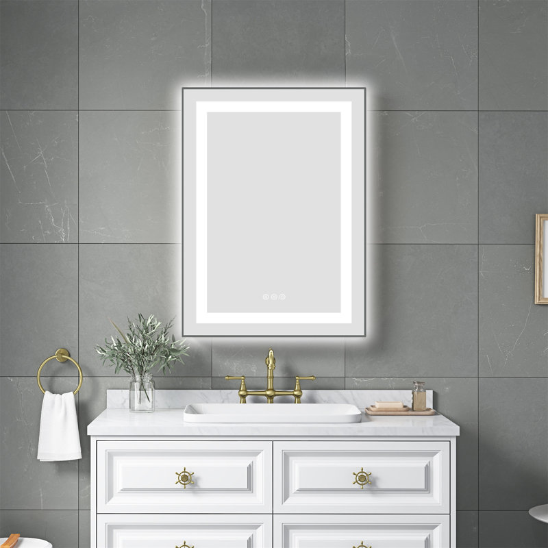Miroir de salle de bain 24 po x 32 po à DEL avec façade et rétroéclairage, 24 po x 32 po, Métal industriel cendré