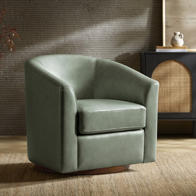 Fauteuil demi-tonneau pivotant en cuir véritable de 30,5 po de largeur avec base en bois massif Amiir