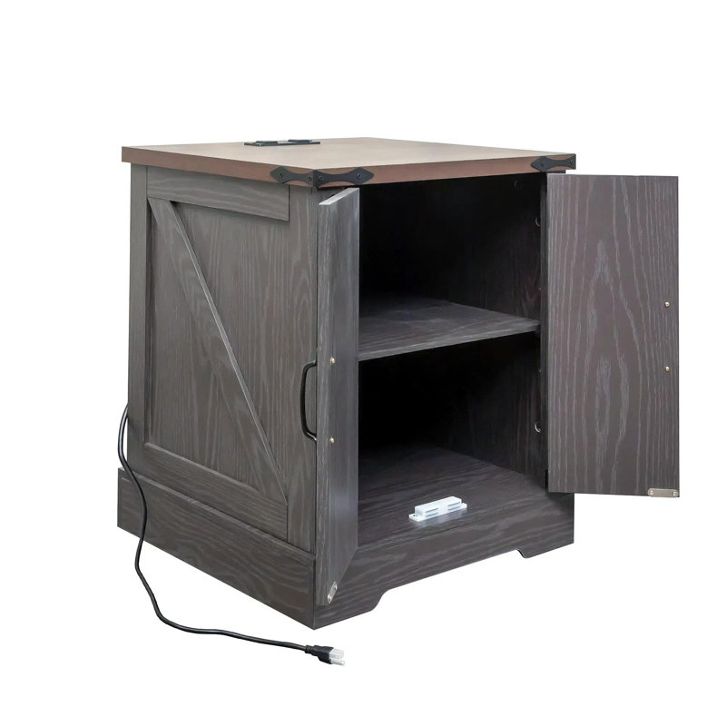 Farmhouse End Table With Charging Station, Rustic Wood Nightstand With Adjustable Shelf, 19.6"W Versatile Walnut Sofa Side Table With Barn Doors & Retro Hinges For Bedroom, Living Room, Grey