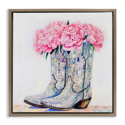 Cadre flottant floral avec botte de cow-boy, design par Amanda Greenwood