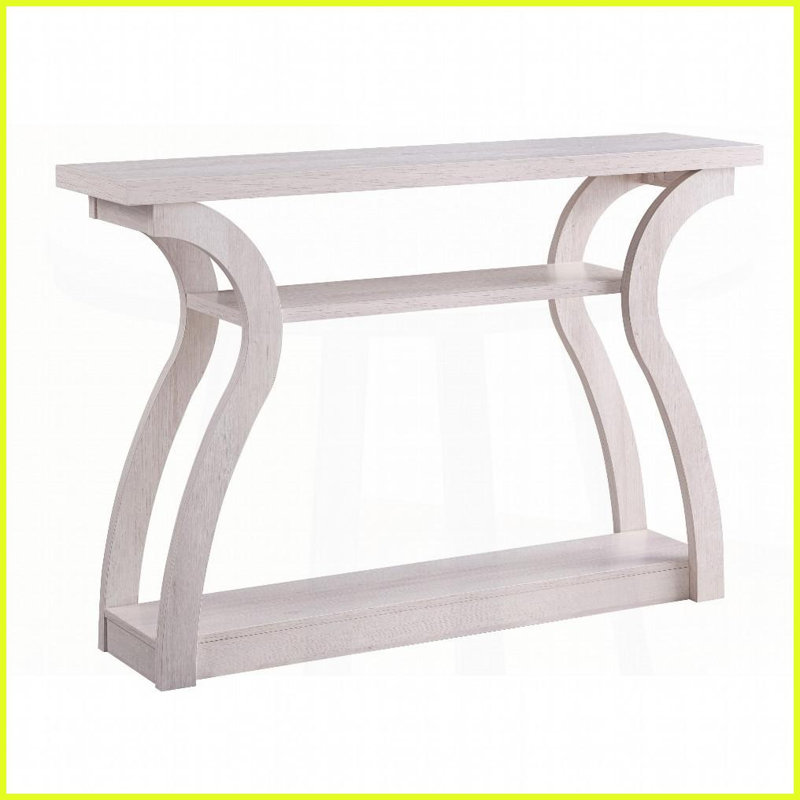 Table basse en chêne blanc pour hall d'entrée / salon - plateau épais, pieds courbés et amp; 2 tablettes de rangement