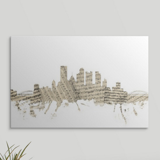 Francy Pittsburgh, Pennsylvanie, feuille de musique, paysage urbain, impression, H 24 po x l 36 po x P 1,5 po, Toile