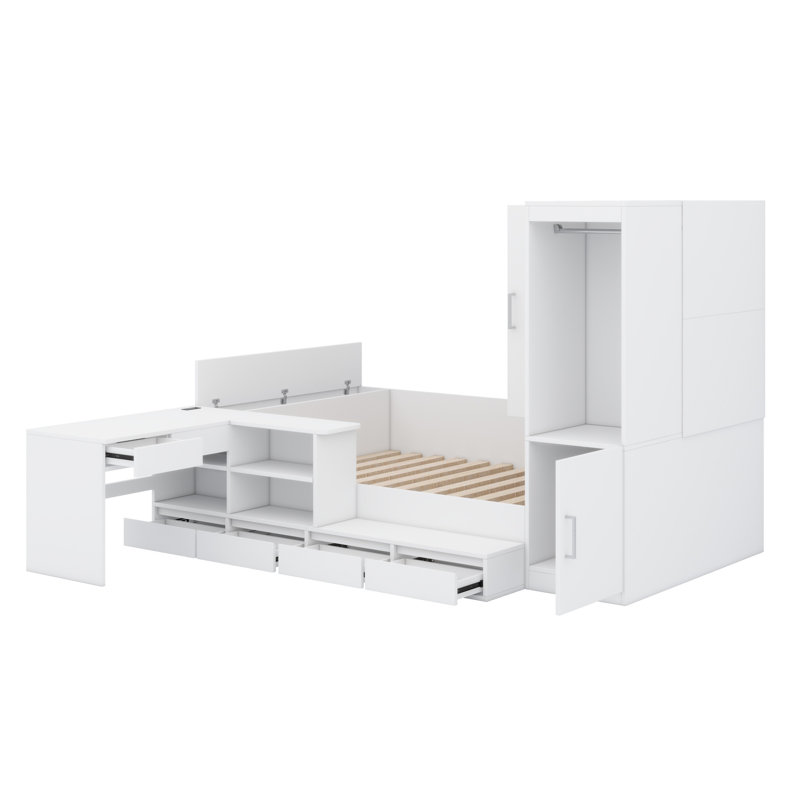 Lit plateforme en bois avec tiroirs, tablettes, bureau et garde-robe, Blanc