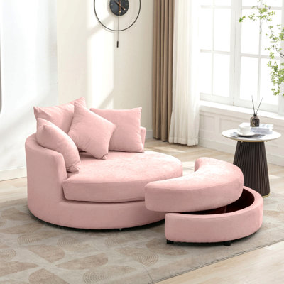 Fauteuil demi-tonneau pivotant à 360 ° avec repose-pieds avec rangement et 4 coussins, fauteuil de loisirs moderne en chenille pour salon
