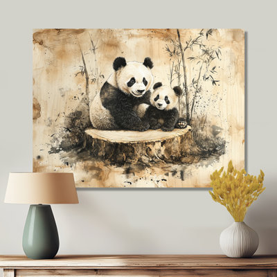 «Vintage Panda Family In The Forest I», reproduction d'art moderne en métal, art mural en métal Panda
