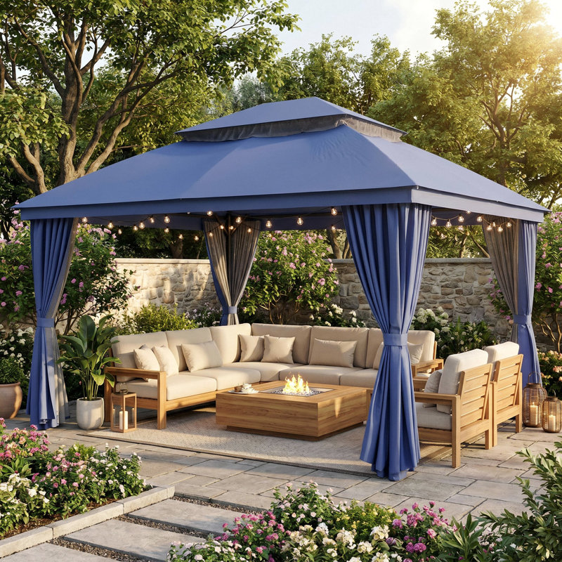 Vita 13 Ft. W x 10 Ft. D Steel Patio Gazebo with Soft Top Double Roof and Curtains, Blue