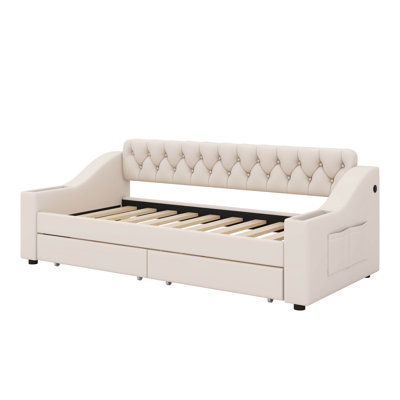 Twin-Size Upholstered Daybed With Storage Armrests And USB Charging Port
