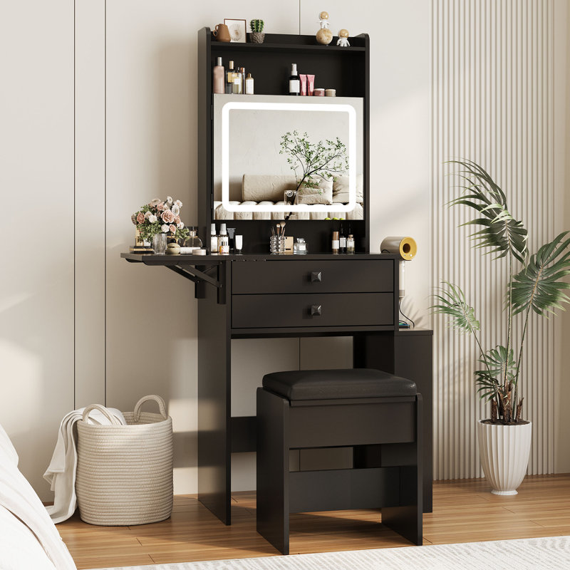 Petit bureau de coiffeuse avec 3 miroirs lumineux réglables, Noir