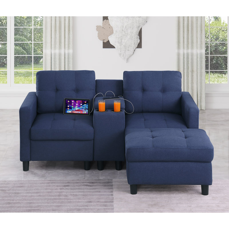 Kentrell 65'' Square Arms Loveseat W/ USB Ports & Storage, Blue