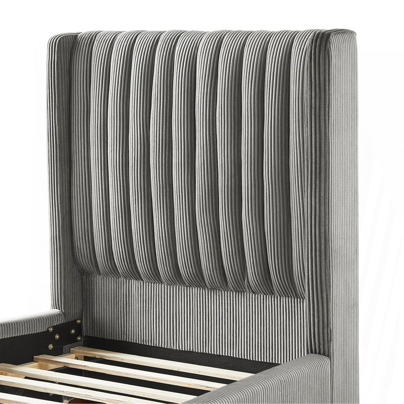 Structure de lit simple de conception moderne avec lit simple et grand lit tapissier avec tête de lit en velours côtelé, lattes en bois, sommier non requis, sommier gris foncé