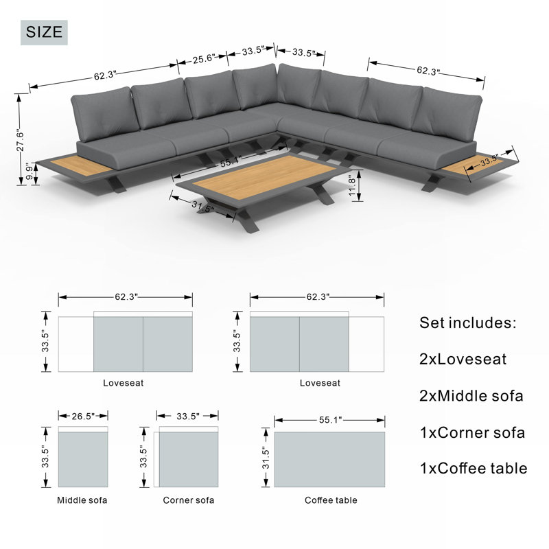 7 - Person Modular Patio Conversation Sets with Cushions, Black, Dark Grey