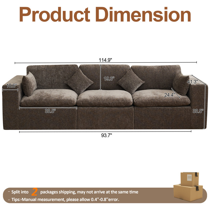 Canapé en chenille, H 25,1 po x l 114,9 po x P 41,3 po, Brun