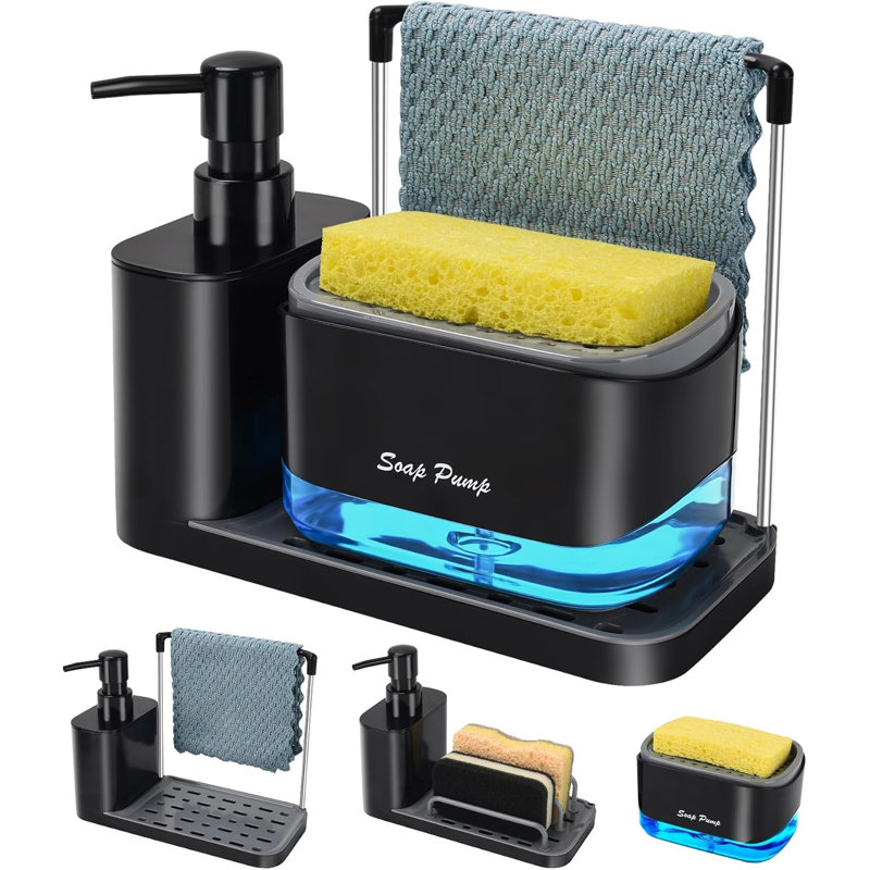 Distributeur de savon pour les mains et la vaisselle avec plateau, distributeur double de savon avec porte-éponge et porte-torchon, organisateur 5 en 1 pour évier et comptoir - Accessoires de cuisine pratiques