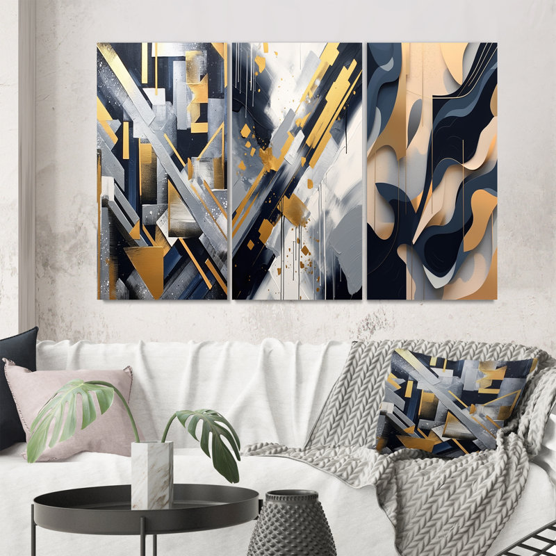 Abstractions dorées et grises - ensemble de 3 impressions, Toile tendue, H 40 po x l 60 po