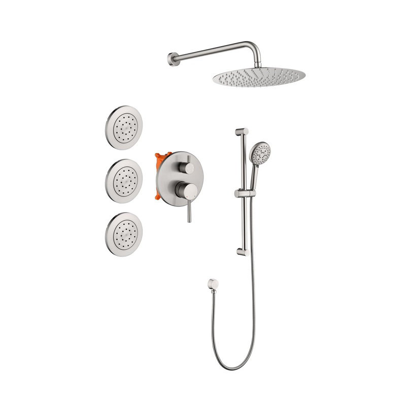 Complete Shower System with Rain Shower Head, Handheld Shower, Body Sprays and Slide Bar - Brushed Nickel Brass Shower Fixture with Pressure Balancing Valve