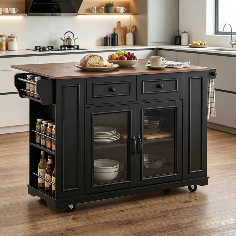 Îlot de cuisine de 54 po de largeur avec plateau en bois massif, prises de courant et portes d'armoire en verre, Noir