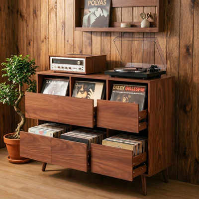 44.1" Mid Century Turntable Stand, Walnut Vinyl Record Player Stand with Large Storage, Vintage Media Console for Living Room & Bedroom