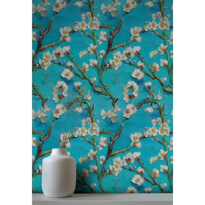 Papier peint floral à fleurs d'amandier, art mural bleu