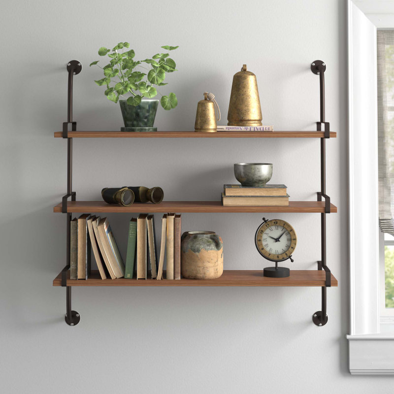 Wood 3 Level Wall Shelf with Metal Brackets, Brown/Black