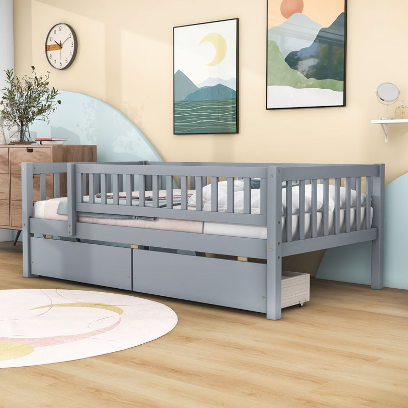 Wood Daybed with 2 Storage Drawers and Guardrails for Safe, Twin, Gray