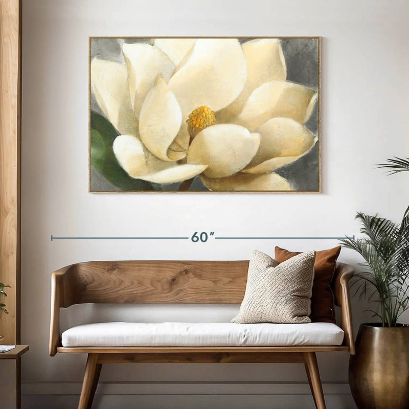 Fleur de magnolia sur fond gris, Cadre flottant en bois naturel, 46 po x 31 po