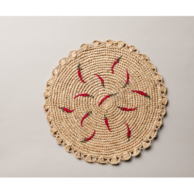 Chili Pepper Icon Raffia Placemat – Handwoven Crochet Round Table Mat – Red Spicy Decor (Set of 4)