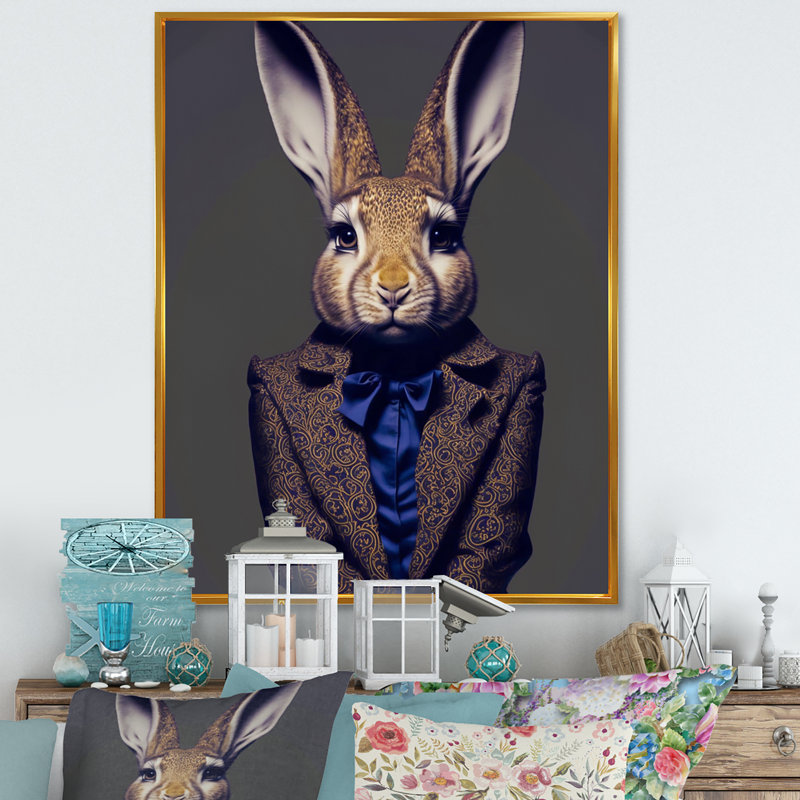 Fancy Rabbit In A Grey And Blue Suit - Print on Canvas, 32" H x 16" W x 1" D, Gold Floater Framed Canvas