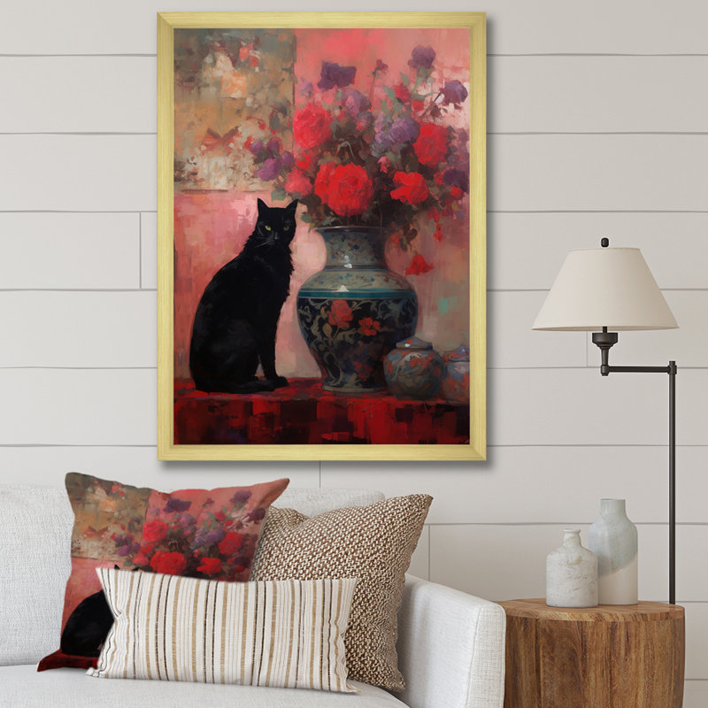 Peinture d'un chat noir avec vase rouge, Cadre doré à une seule photo, H 20 po x l 12 po x P 1 po