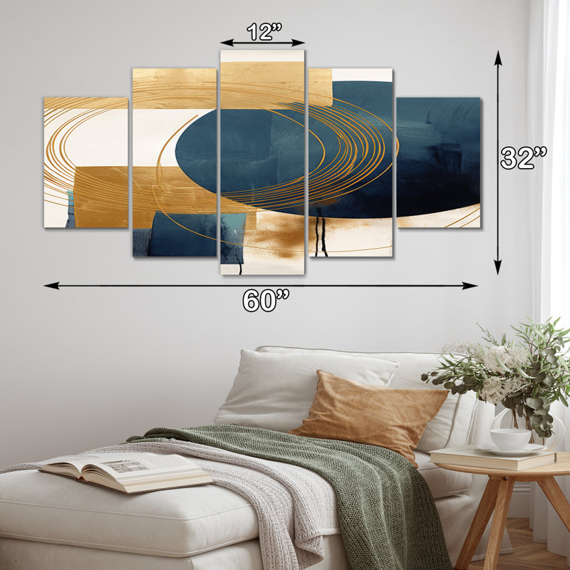 Moon Bliss On Delft Sky Mid-Century II - Décoration murale transitionnelle - 5 panneaux