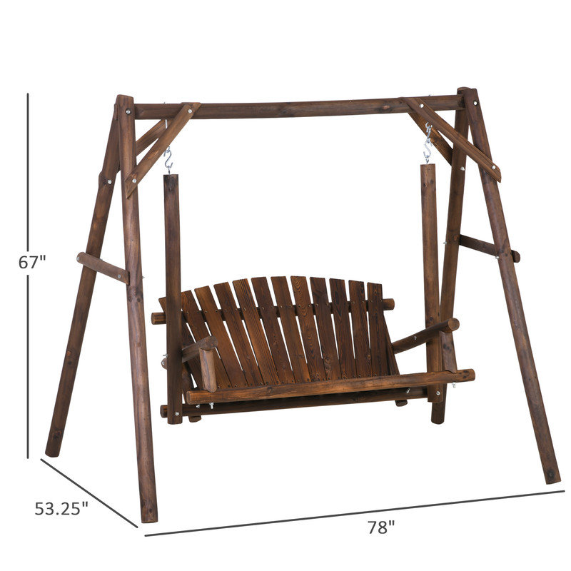 Balancelle en bois de sapin carbonisé avec support en A et tables d'appoint pour 2 adultes, l 78 po