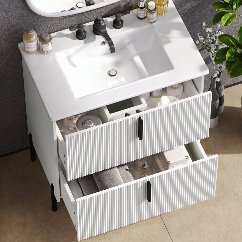 30" Bathroom Vanity with Ceramic Sink & Full-Extension Drawers | Soft-Close Undermount Slides, Fluted Design,White, White