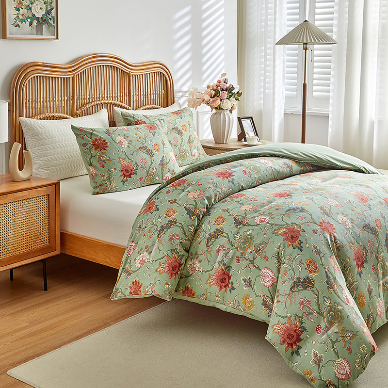 Ensemble d'édredon en duvet synthétique Bohème, Édredon grand et 2 taies décoratives, Blanc/vert